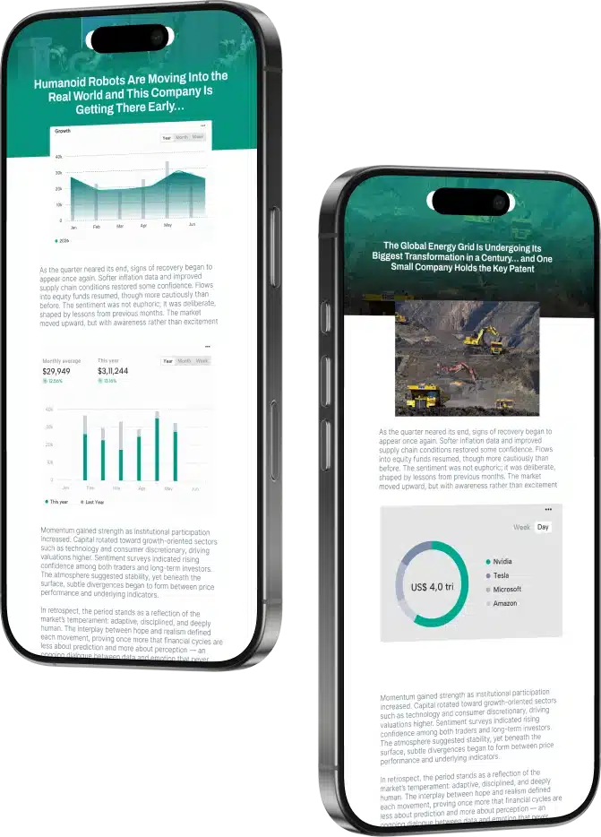 Two mobile screens show an infographic with teal headers, featuring charts and descriptive text about growth and transformation.