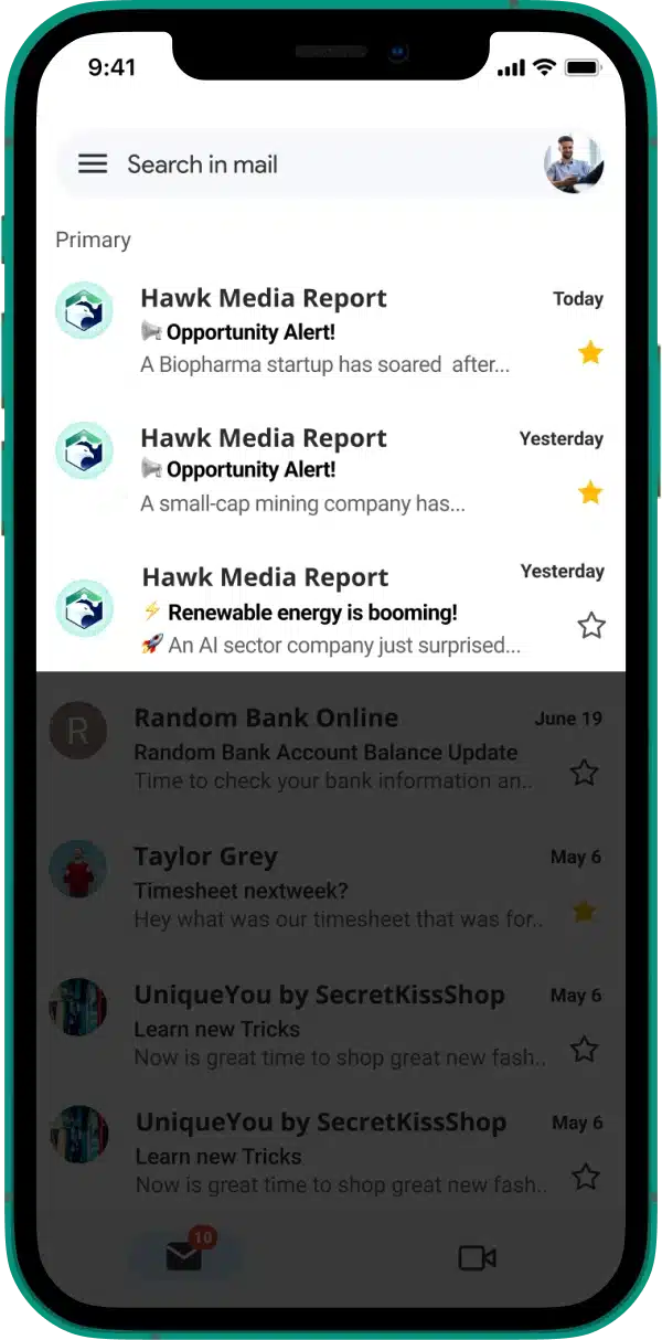 Mobile inbox screen showing Primary tab with three Hawk Media Report emails labeled Today and Yesterday, each with a yellow star.