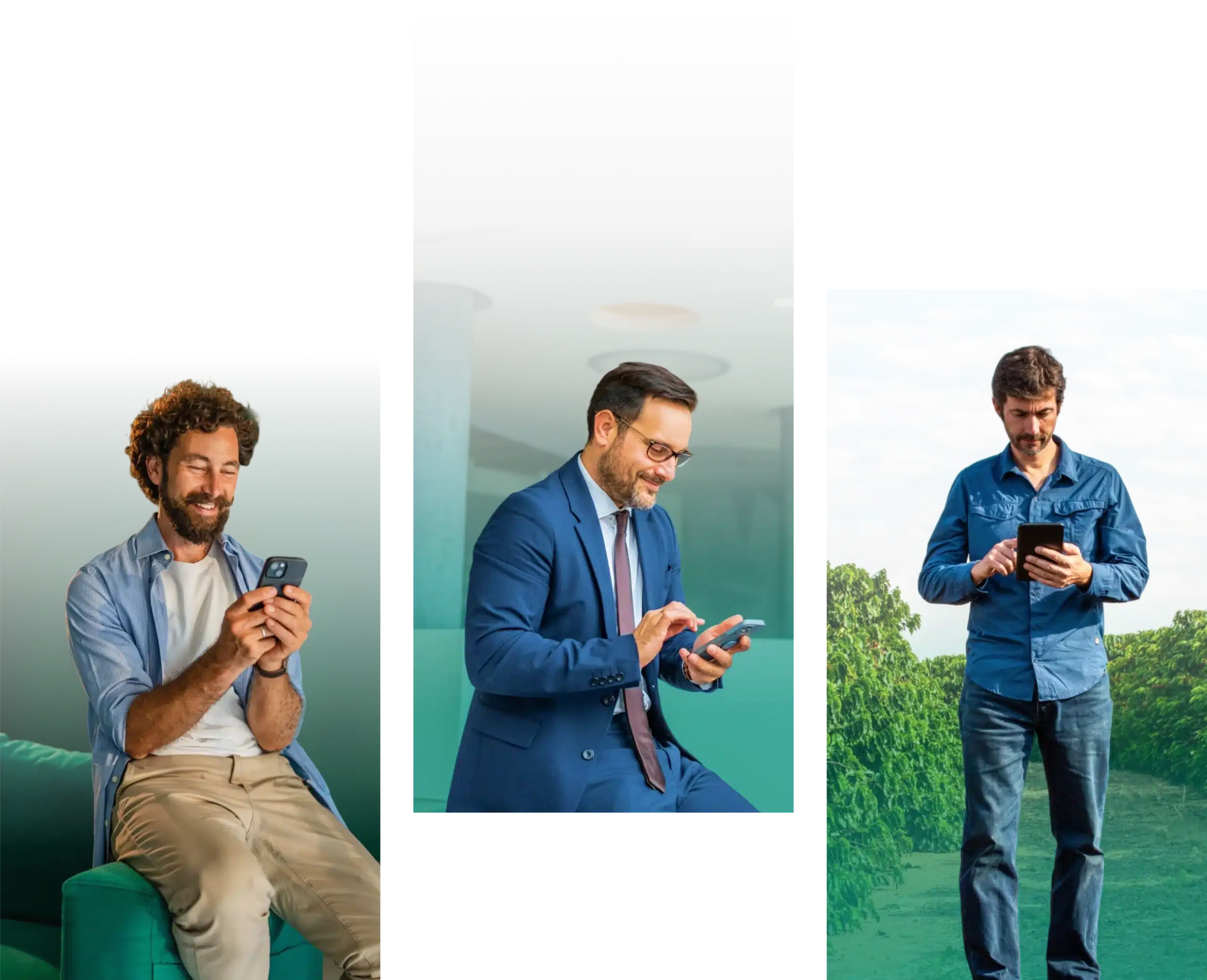 Collage of three images showing men using smartphones: left man in denim shirt with a green background, center man in a blue suit looking at a phone indoors, right man in a blue shirt outdoors.