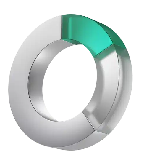 3D metallic circular progress gauge with a green arc indicating progress in a silver ring area, on a black background.