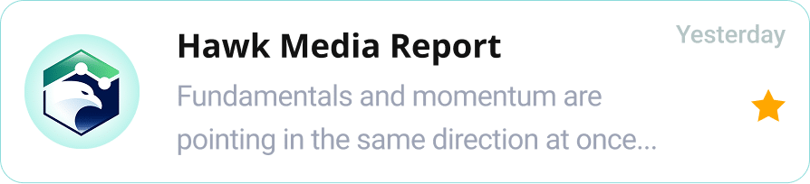 Card for Hawk Media Report: circular logo on the left, bold title, teaser text, 'Yesterday' date on the right, and a gold star indicating featured item.