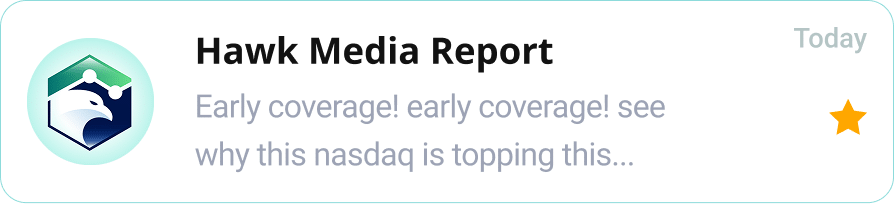 News card: Hawk Media Report with circular logo, teaser text about NASDAQ, a Today badge, and a featured star.