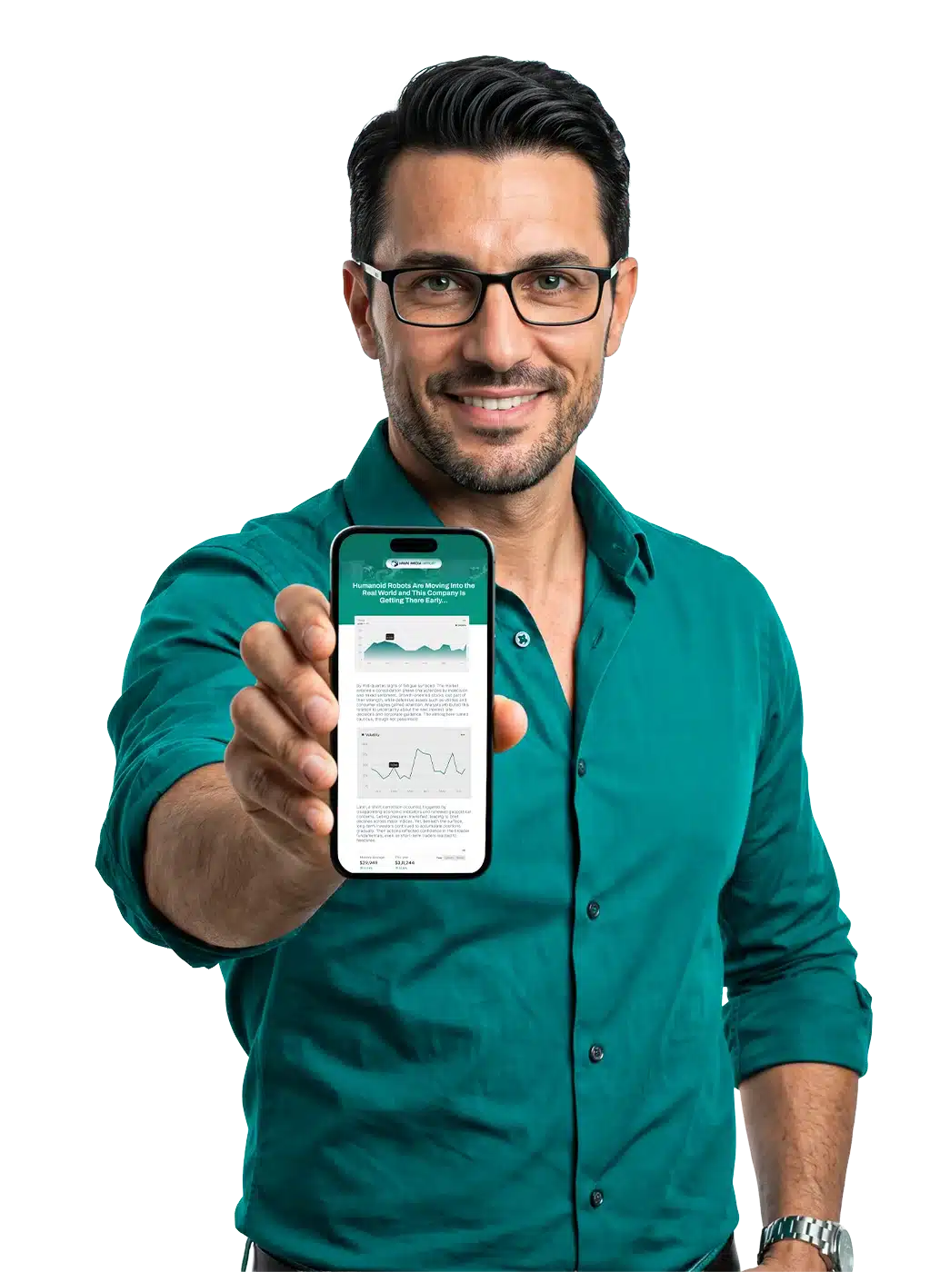 Smiling man in a teal shirt extends a phone displaying a report with charts and graphs